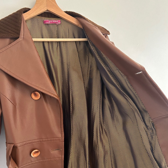 1970s Vintage Inspired Faux Leather Double Breasted Trench Coat Brown Size 2/4 - Picture 7 of 13